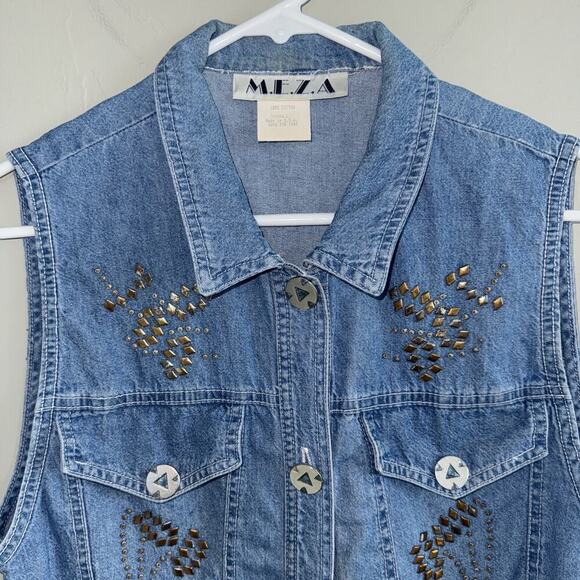 Vintage 90’s Denim Jean Western Vest Woman’s Sz S By M.E.Z.A Turquoise Beaded - Picture 2 of 8